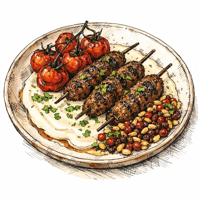 Fire-Roasted Lamb Kofta with Charred Vine Tomatoes, Sizzling Pine Nut-Barberry Crisp & Velvet Garlic Tahini