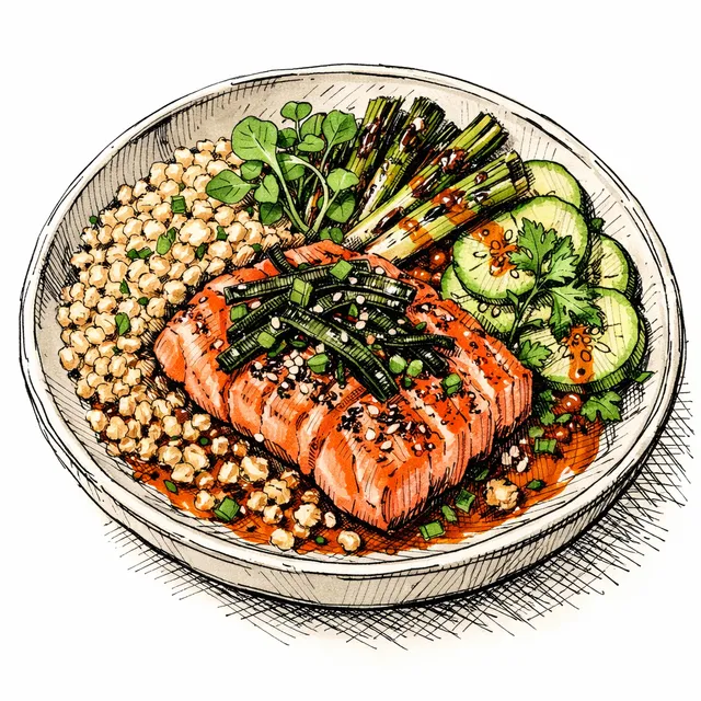 Kombu & Kaffir Lime-Cured Seared Salmon Bowl with Toasted Sorghum & Charred Scallion-Gochujang Vinaigrette