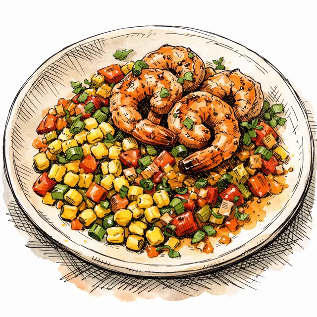Cast-Iron Seared Gulf Shrimp & Sweet Corn Salad with Fiery Benne-Chow-Chow Vinaigrette