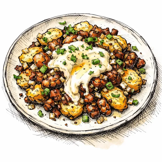Fast Skillet Chorizo & Crispy Smashed Potato Hash with Molten Quesillo