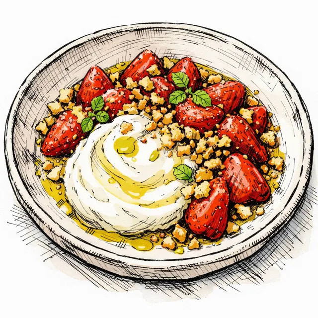Yuzu-Macerated Strawberries with Cold Labneh & Olive Oil Pan-Crunch