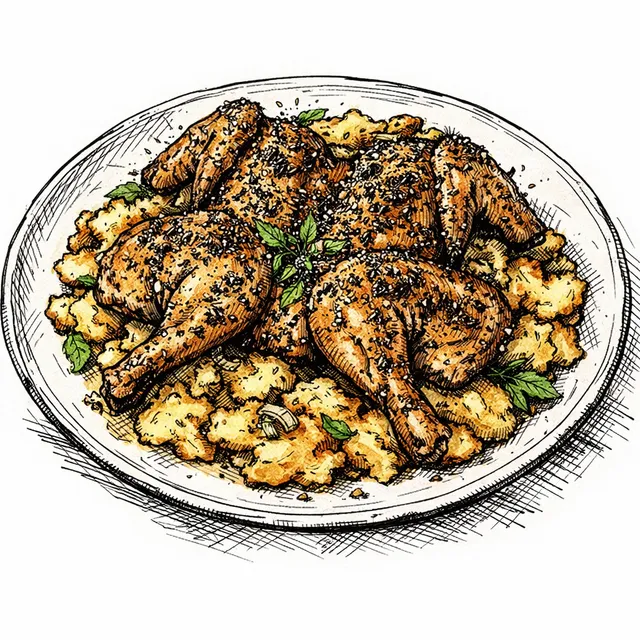 High-Heat Spatchcock Za'atar Chicken over Schmaltz-Smashed Potatoes