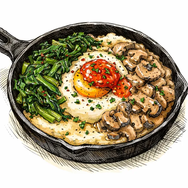 Cast-Iron Grits & Greens Breakfast Cassolettes with Quick-Braised Mustard Greens, Mushroom “Gravy,” and Pepper-Jelly Butter