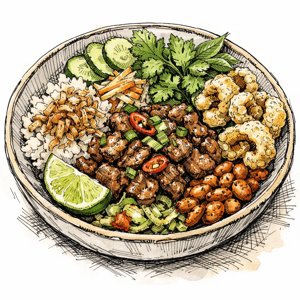 Chiang Mai Wok-Sizzled Pork &amp; Herb Crunch Bowl by Chef Mira Lin | inspochef | inspochef