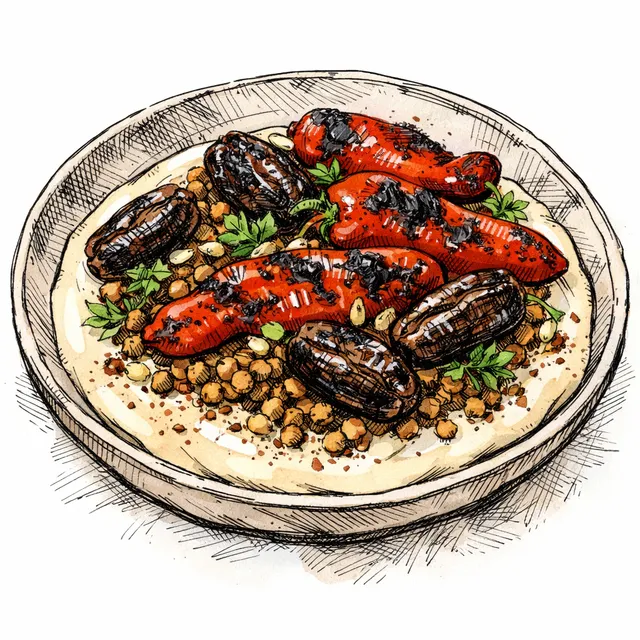 Fire-Roasted Sweet Romano Peppers & Charred Medjool Dates with Warm Spiced Lentils over Velvet Sumac Tahini