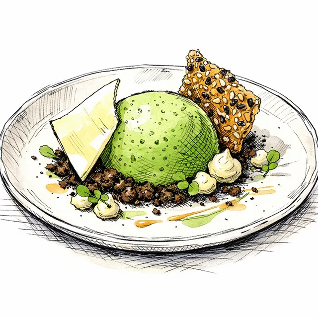 Aerated Matcha Bavarian with Tempered White Chocolate & Sesame Snap