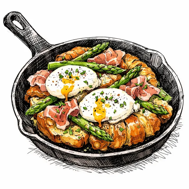 Savory Croissant Skillet Pain Perdu with Asparagus & Prosciutto