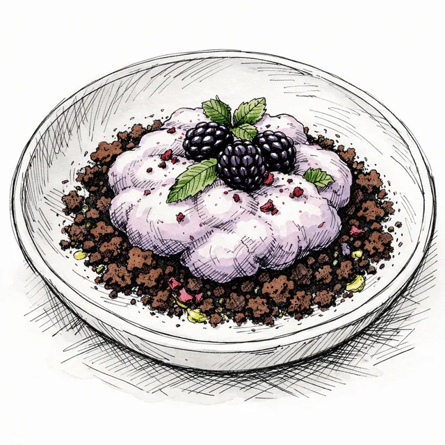 Aerated Blackberry Cloud with Bitter Cocoa-Olive Oil Soil