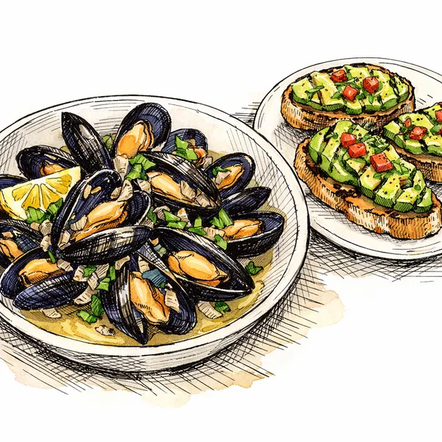 Chenin Blanc Steamed Mussels with Melted Shallots & Grilled Avocado Tartines