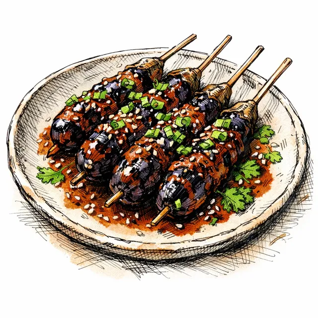 Charred Baby Eggplant Skewers with Tamarind-Chipotle Miso Glaze
