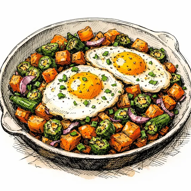 Cast-Iron Crispy Okra & Sweet Potato Morning Hash