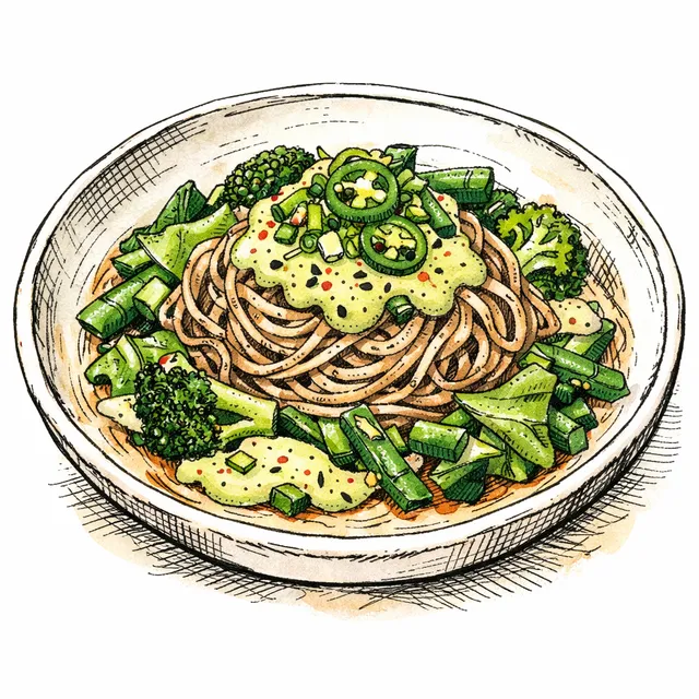 Chilled Soba with Blanched Summer Greens & Creamy Jalapeño-Sesame Emulsion