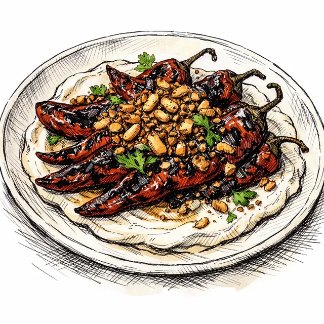 Fire-Scorched Romano Peppers with Sizzling Cumin-Almond Crunch & Velvet Tahini Yogurt
