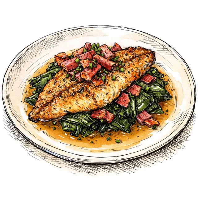 Charleston Meets Atlanta: Pan-Roasted Catfish with Mustard Greens and Country Ham Jus