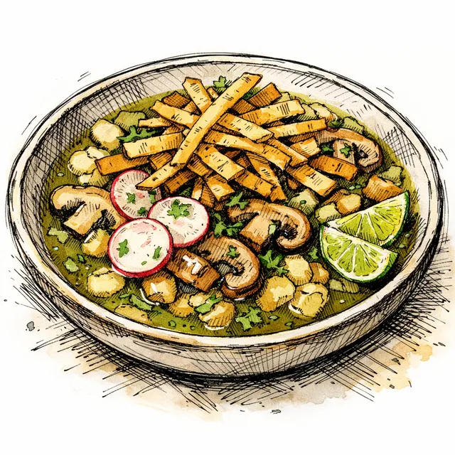Smoky Mushroom Pozole Verde with Crispy Tortilla Strips (Brooklyn January Reset)
