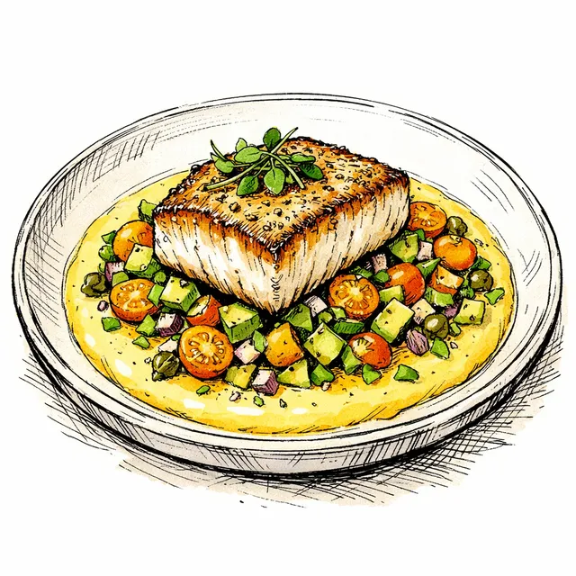 Pan-Seared Pacific Halibut with Sweet Corn Coulis & Sungold-Avocado Vierge