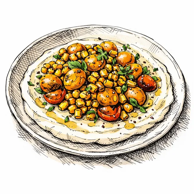Cast-Iron Blistered Sweet Corn & Golden Tomatoes over Velvet Feta-Tahini