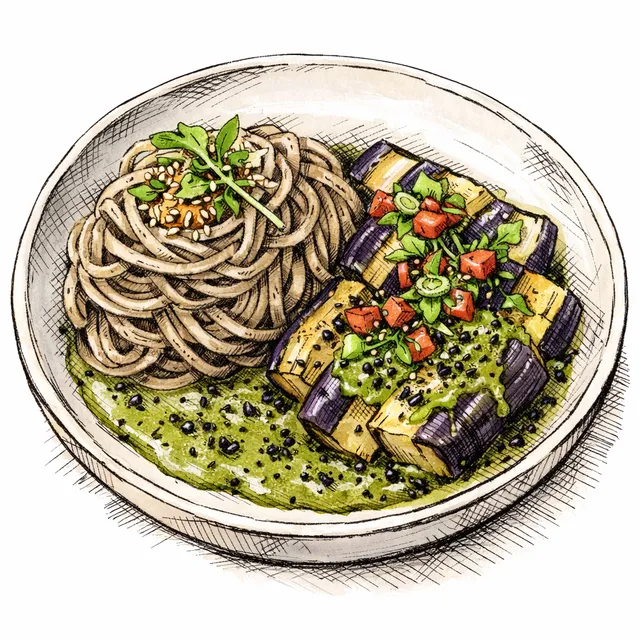 Tokyo Meets CDMX: Chilled Soba with Tomatillo-Black Sesame Emulsion
