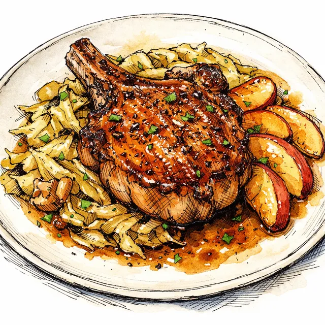 Cast-Iron Seared Bone-In Pork Chops with Smothered Cabbage, Honeycrisp Apples & Tangy Sorghum Pan Jus