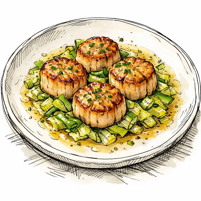 Pan-Seared Day-Boat Scallops with Melted Leeks & Sparkling Wine Pan Sauce