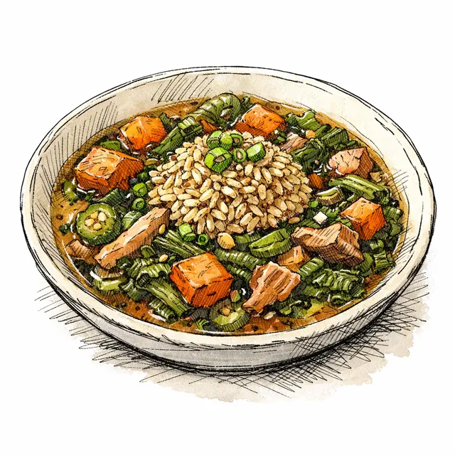 January Turnip Green Gumbo with Smoked Turkey, Roasted Sweet Potato & Toasted Benne Rice