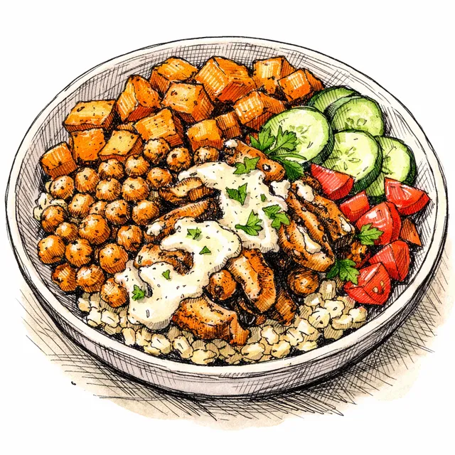 Sheet-Pan Shawarma Chickpea & Sweet Potato Lunch Bowls with Pickle-Brine Tahini (Blender) Sauce