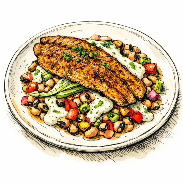 Cast-Iron Pan-Fried Catfish with Black-Eyed Pea Salad & Pickled Ramp Buttermilk Dressing