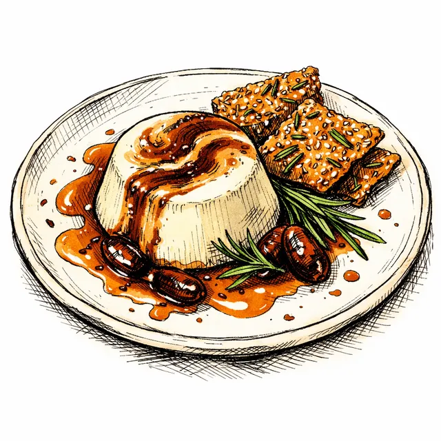 Earl Grey Panna Cotta with Burnt Caramel–Date Ripple & Rosemary–Sesame Brittle