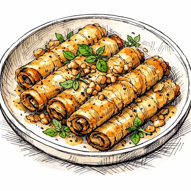 Caramelized Endive–Blue Cheese “Cigars” (Rough Puff, Walnut Crunch + Black Pepper Honey)