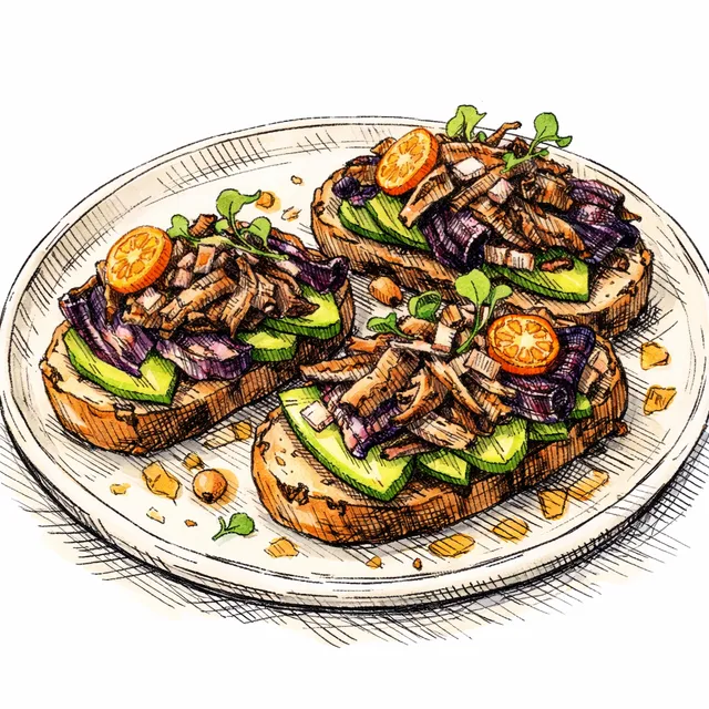 Citrus-Kissed Duck Confit Toasts with Avocado, Charred Radicchio & Kumquat–Shallot Vinaigrette