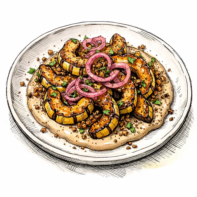 High-Heat Delicata “Crescents” with Espresso–Tahini, Pickled Shallot Glitter & Crispy Za’atar Quinoa