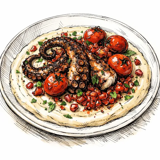 Fire-Charred Octopus over Velvet Garlic Tahini with Pomegranate Shatta