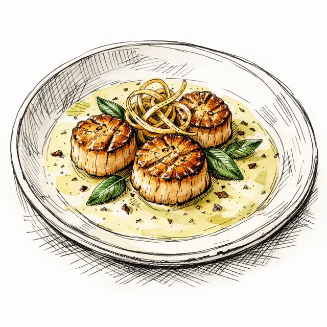The Marble Colonnade: Pan-Seared Scallops with a Vermouth-Sage Emulsion