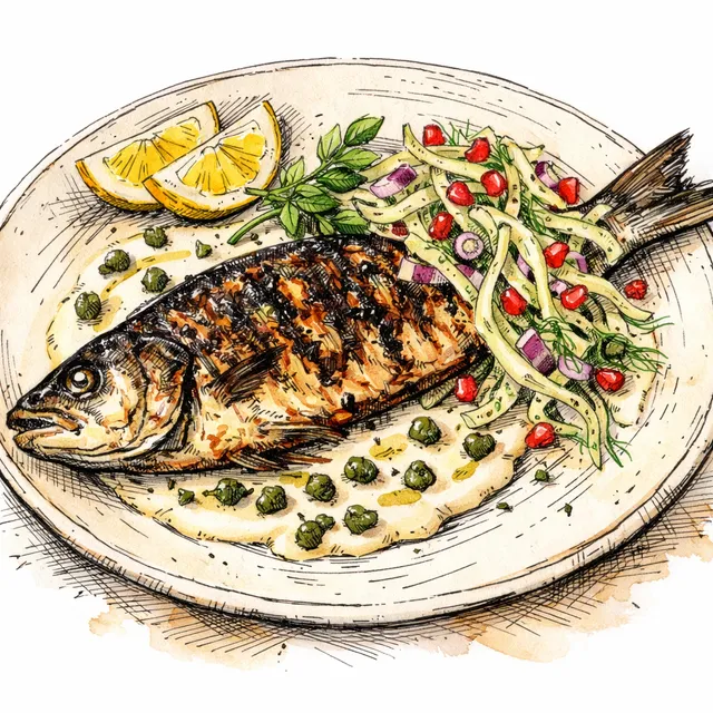 Fire-Blistered Whole Branzino with Caper-Tahini & Shaved Fennel-Pomegranate Slaw