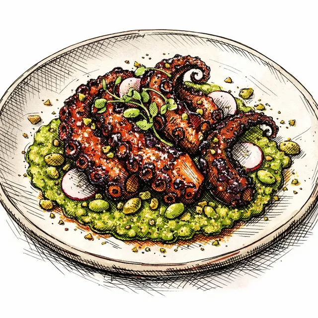 Charred Tako with Ume-Chipotle Glaze & Edamame-Pistachio Pipian