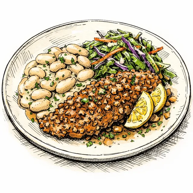 Pecan-Crusted Shallow-Fried Catfish with Creamed Butter Beans & Raw Collard Slaw