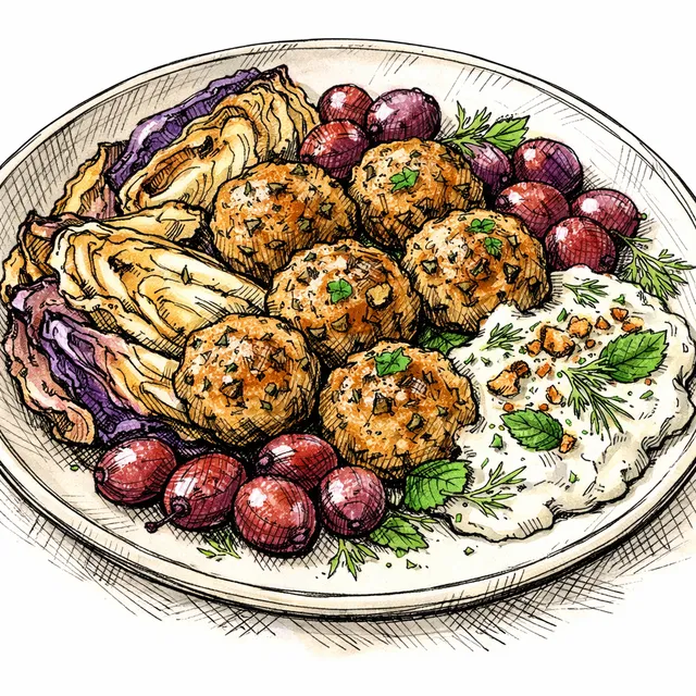 Sheet-Pan Turkey Meatballs with Roasted Cabbage & Grapes + Dill-Mint Yogurt Crunch Sauce