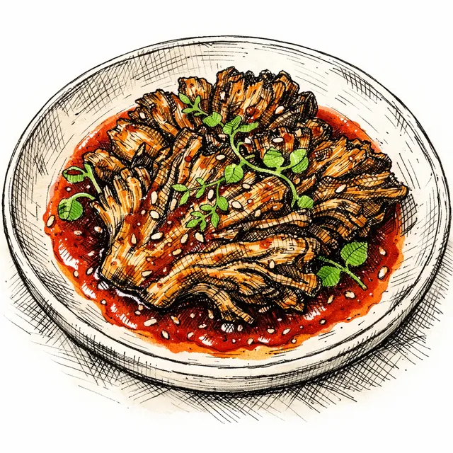Cast-Iron Pressed Maitake with Umeboshi-Ancho "Chamoy"