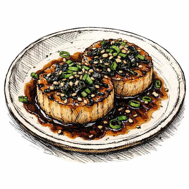 Steamed Daikon “Steaks” with Coffee–Shoyu Tare, Pan-Grilled Edges, and Crispy Nori–Sesame Furikake