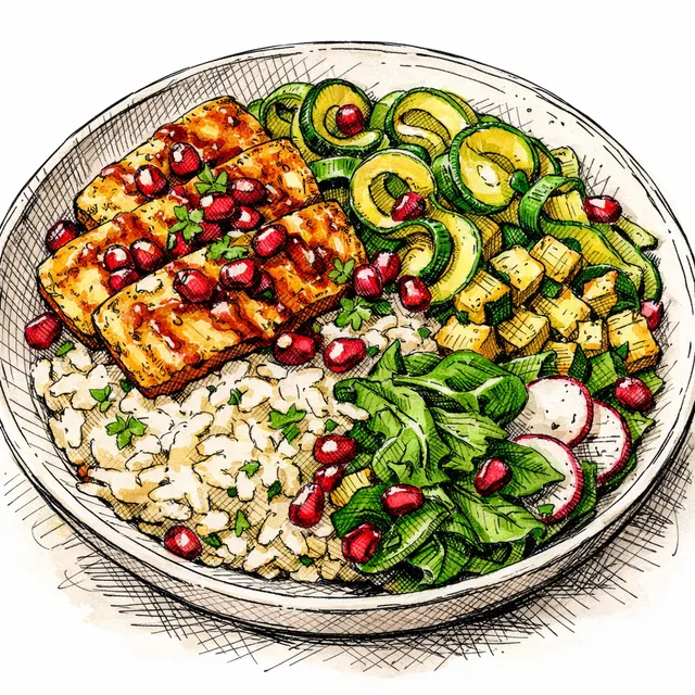 Crispy Halloumi & Double-Zucchini Spring Bowls with Hot-Honey Pomegranate Glaze