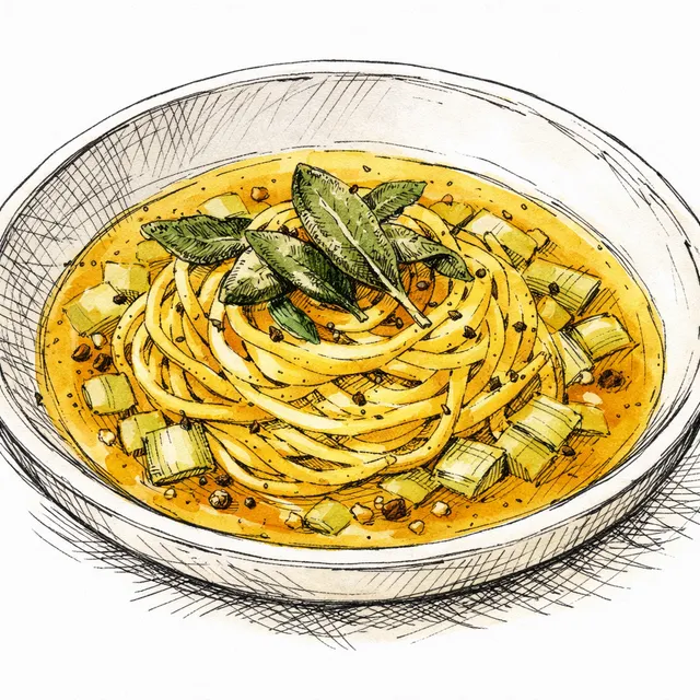 The Sant'Ambrogio Cloister: Fresh Egg Tagliolini Simmered in Saffron Brodo with Sweet Leeks and Brown Butter Sage