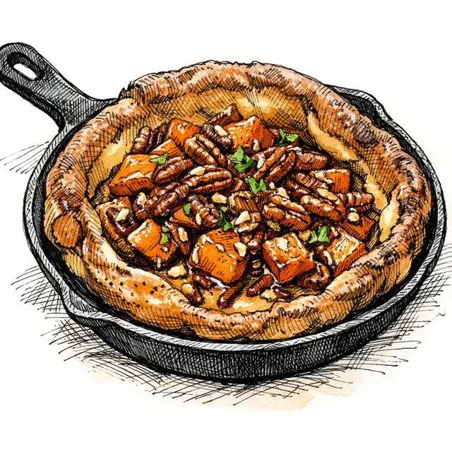 Cast-Iron Spiced Sweet Potato Dutch Baby with Bourbon-Sorghum Drizzle & Toasted Pecans