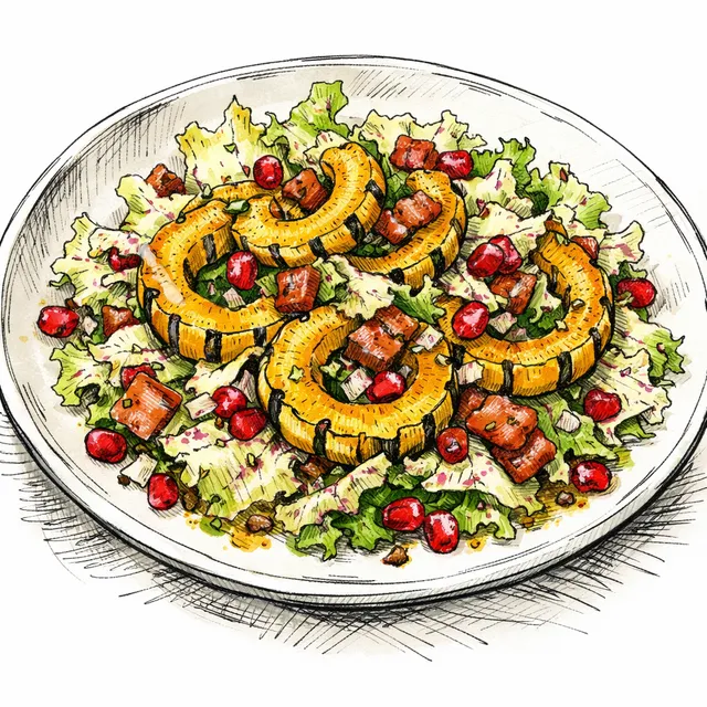 Gently Roasted Delicata Squash Bistro Salade with Crispy Pancetta, Castelfranco & Pomegranate-Shallot Vinaigrette