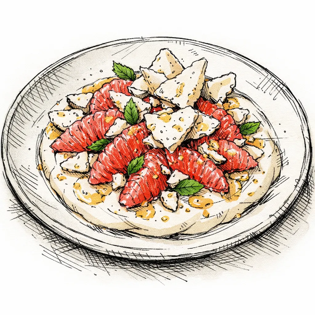 Ruby Grapefruit &amp; Zest-Shatter Meringue with Cold Tahini Cream by Theo Glass | inspochef | inspochef
