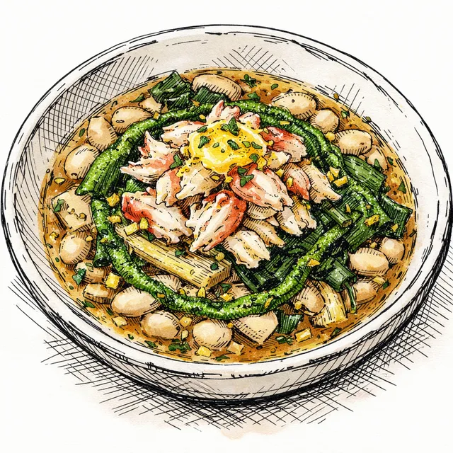 Caramelized Fennel & White Bean Soupe au Pistou with Dungeness Crab, Winter Greens, and Preserved-Lemon Butter