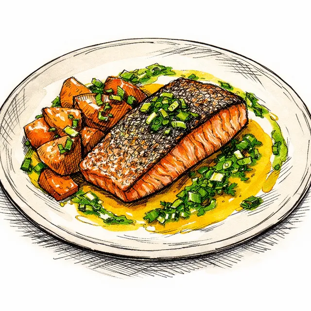 Crispy-Skin Salmon with Aji Amarillo–Yuzu Kosho Pan Sauce, Sake-Glazed Sweet Potatoes & Scallion-Cilantro Oil