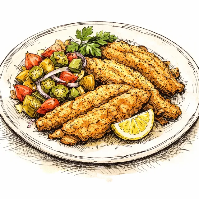 Cornmeal Skillet-Fried Catfish with Heirloom Tomato & Pickled Okra Relish