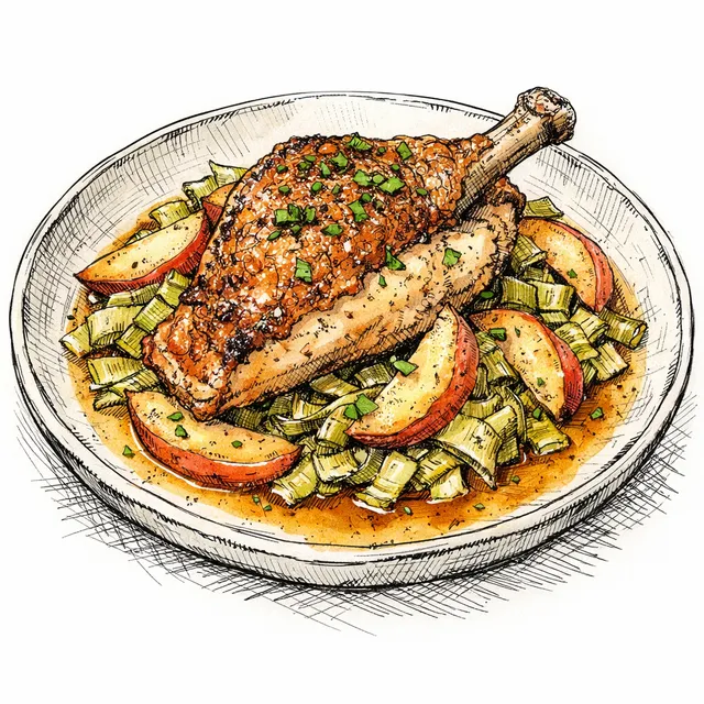 Cast-Iron Roasted Bone-In Chicken Breasts with Sweet Apples, Melted Leeks & Cider Pan Jus