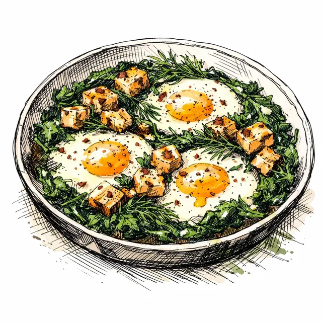 Emerald Spinach & Dill Skillet Poach with Sizzled Cumin Feta