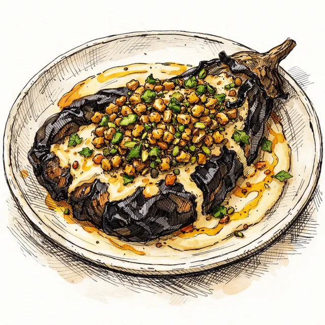 Fire-Collapsed Eggplant with Sizzling Pistachio-Lentil Crunch & Amba Tahini